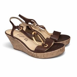 Unisa Ottilia Brown Leather Cork Wedge Sandals Size 10 M